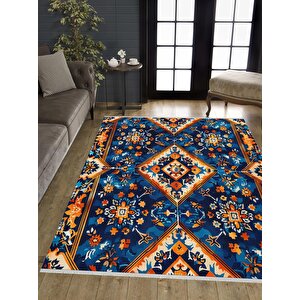 Oturma Odası Halısı – Mavi; Turuncu; Beyaz – Geometric Desen, Makinede Yıkanabilir, Kolay Temizlenebilir, Toz Ve Tüy Tutmaz, Kaymaz, Evcil Hayvan Dostu 150x240 cm