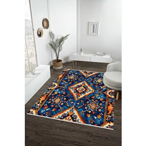 Oturma Odası Halısı – Mavi; Turuncu; Beyaz – Geometric Desen, Makinede Yıkanabilir, Kolay Temizlenebilir, Toz Ve Tüy Tutmaz, Kaymaz, Evcil Hayvan Dostu