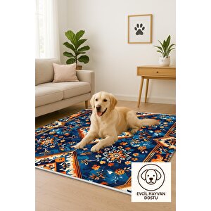 Oturma Odası Halısı – Mavi; Turuncu; Beyaz – Geometric Desen, Makinede Yıkanabilir, Kolay Temizlenebilir, Toz Ve Tüy Tutmaz, Kaymaz, Evcil Hayvan Dostu