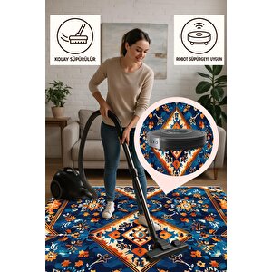 Oturma Odası Halısı – Mavi; Turuncu; Beyaz – Geometric Desen, Makinede Yıkanabilir, Kolay Temizlenebilir, Toz Ve Tüy Tutmaz, Kaymaz, Evcil Hayvan Dostu