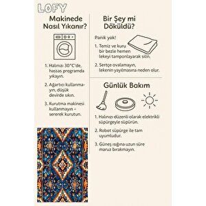 Oturma Odası Halısı – Mavi; Turuncu; Beyaz – Geometric Desen, Makinede Yıkanabilir, Kolay Temizlenebilir, Toz Ve Tüy Tutmaz, Kaymaz, Evcil Hayvan Dostu