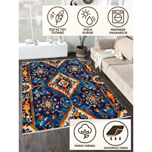 Oturma Odası Halısı – Mavi; Turuncu; Beyaz – Geometric Desen, Makinede Yıkanabilir, Kolay Temizlenebilir, Toz Ve Tüy Tutmaz, Kaymaz, Evcil Hayvan Dostu 120x180 cm