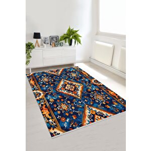 Oturma Odası Halısı – Mavi; Turuncu; Beyaz – Geometric Desen, Makinede Yıkanabilir, Kolay Temizlenebilir, Toz Ve Tüy Tutmaz, Kaymaz, Evcil Hayvan Dostu