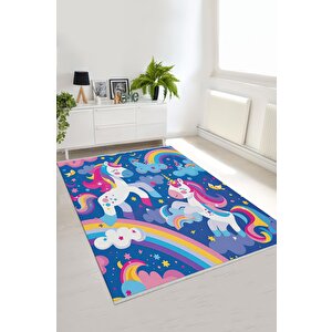 Oturma Odası Halısı – Mavi; Pembe – Unicorn Ve Gökkuşağı Desen, Makinede Yıkanabilir, Kolay Temizlenebilir, Toz Ve Tüy Tutmaz, Kaymaz, Evcil Hayvan Dostu