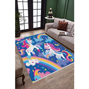 Oturma Odası Halısı – Mavi; Pembe – Unicorn Ve Gökkuşağı Desen, Makinede Yıkanabilir, Kolay Temizlenebilir, Toz Ve Tüy Tutmaz, Kaymaz, Evcil Hayvan Dostu