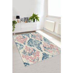 Yıkanabilir Halı – Pembe; Mavi; Krem – Damask Desen, Pamuk Dokuma Taban, Kolay Temizlenebilir, Toz Ve Tüy Tutmaz, Kaymaz, Evcil Hayvan Dostu