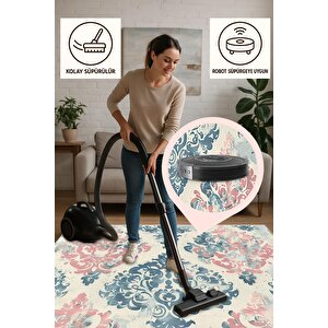 Yıkanabilir Halı – Pembe; Mavi; Krem – Damask Desen, Pamuk Dokuma Taban, Kolay Temizlenebilir, Toz Ve Tüy Tutmaz, Kaymaz, Evcil Hayvan Dostu