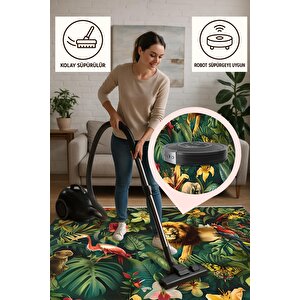 Pamuk Dokuma Taban Halı – Yeşil; Sarı; Kırmızı; Pembe – Safari Desen, Makinede Yıkanabilir, Kolay Temizlenebilir, Toz Ve Tüy Tutmaz, Kaymaz, Evcil Hayvan Dostu 150x150 cm