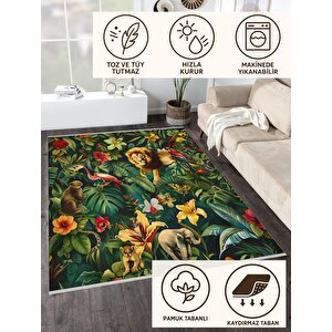 Pamuk Dokuma Taban Halı – Yeşil; Sarı; Kırmızı; Pembe – Safari Desen, Makinede Yıkanabilir, Kolay Temizlenebilir, Toz Ve Tüy Tutmaz, Kaymaz, Evcil Hayvan Dostu