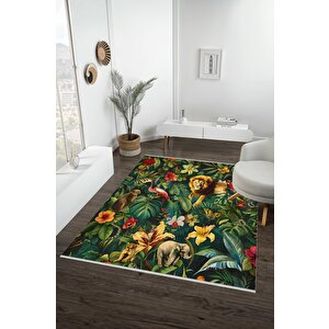 Pamuk Dokuma Taban Halı – Yeşil; Sarı; Kırmızı; Pembe – Safari Desen, Makinede Yıkanabilir, Kolay Temizlenebilir, Toz Ve Tüy Tutmaz, Kaymaz, Evcil Hayvan Dostu