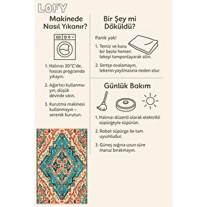 Pamuk Dokuma Taban Halı – Turkuaz; Kırmızı; Krem – Geleneksel Desen, Makinede Yıkanabilir, Kolay Temizlenebilir, Toz Ve Tüy Tutmaz, Kaymaz, Evcil Hayvan Dostu