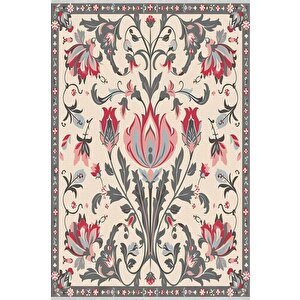 Pamuk Dokuma Taban Halı – Red; Gray; Cream – Floral Desen, Makinede Yıkanabilir, Kolay Temizlenebilir, Toz Ve Tüy Tutmaz, Kaymaz, Evcil Hayvan Dostu
