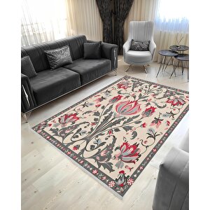 Pamuk Dokuma Taban Halı – Red; Gray; Cream – Floral Desen, Makinede Yıkanabilir, Kolay Temizlenebilir, Toz Ve Tüy Tutmaz, Kaymaz, Evcil Hayvan Dostu