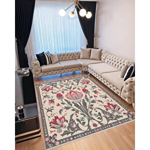 Pamuk Dokuma Taban Halı – Red; Gray; Cream – Floral Desen, Makinede Yıkanabilir, Kolay Temizlenebilir, Toz Ve Tüy Tutmaz, Kaymaz, Evcil Hayvan Dostu