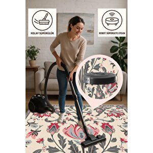 Pamuk Dokuma Taban Halı – Red; Gray; Cream – Floral Desen, Makinede Yıkanabilir, Kolay Temizlenebilir, Toz Ve Tüy Tutmaz, Kaymaz, Evcil Hayvan Dostu
