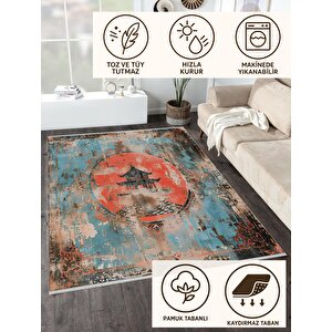 Pamuk Tabanlı Kaymaz Halı – Turkuaz; Kırmızı; Bej; Siyah – Oriental Desen, Pamuk Dokuma Taban, Makinede Yıkanabilir, Kolay Temizlenebilir, Toz Ve Tüy Tutmaz, Kaymaz, Evcil Hayvan Dostu