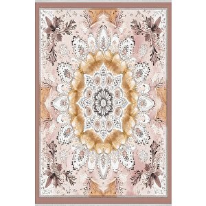 Pamuk Dokuma Taban Halı – Pembe; Sarı; Kahverengi – Floral Desen, Makinede Yıkanabilir, Kolay Temizlenebilir, Toz Ve Tüy Tutmaz, Kaymaz, Evcil Hayvan Dostu