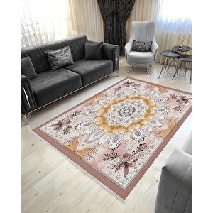 Pamuk Dokuma Taban Halı – Pembe; Sarı; Kahverengi – Floral Desen, Makinede Yıkanabilir, Kolay Temizlenebilir, Toz Ve Tüy Tutmaz, Kaymaz, Evcil Hayvan Dostu