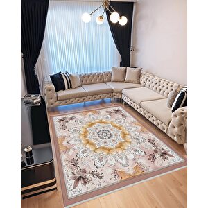 Pamuk Dokuma Taban Halı – Pembe; Sarı; Kahverengi – Floral Desen, Makinede Yıkanabilir, Kolay Temizlenebilir, Toz Ve Tüy Tutmaz, Kaymaz, Evcil Hayvan Dostu