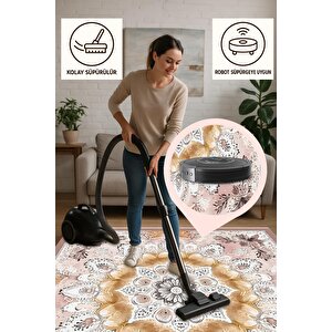 Pamuk Dokuma Taban Halı – Pembe; Sarı; Kahverengi – Floral Desen, Makinede Yıkanabilir, Kolay Temizlenebilir, Toz Ve Tüy Tutmaz, Kaymaz, Evcil Hayvan Dostu