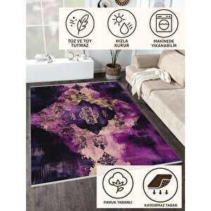 Pamuk Dokuma Taban Halı – Purple; Black; Beige – Eskitilmiş Görünümlü Abstract Desen, Makinede Yıkanabilir, Kolay Temizlenebilir, Toz Ve Tüy Tutmaz, Kaymaz, Evcil Hayvan Dostu