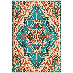Pamuk Dokuma Taban Halı – Turkuaz; Kırmızı; Krem – Geleneksel Desen, Makinede Yıkanabilir, Kolay Temizlenebilir, Toz Ve Tüy Tutmaz, Kaymaz, Evcil Hayvan Dostu 200x220 cm