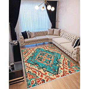 Pamuk Dokuma Taban Halı – Turkuaz; Kırmızı; Krem – Geleneksel Desen, Makinede Yıkanabilir, Kolay Temizlenebilir, Toz Ve Tüy Tutmaz, Kaymaz, Evcil Hayvan Dostu 200x220 cm