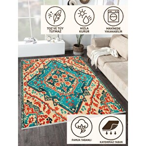 Pamuk Dokuma Taban Halı – Turkuaz; Kırmızı; Krem – Geleneksel Desen, Makinede Yıkanabilir, Kolay Temizlenebilir, Toz Ve Tüy Tutmaz, Kaymaz, Evcil Hayvan Dostu 200x220 cm