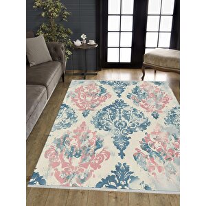 Yıkanabilir Halı – Pembe; Mavi; Krem – Damask Desen, Pamuk Dokuma Taban, Kolay Temizlenebilir, Toz Ve Tüy Tutmaz, Kaymaz, Evcil Hayvan Dostu 80x150 cm