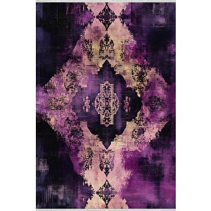 Pamuk Dokuma Taban Halı – Purple; Black; Beige – Eskitilmiş Görünümlü Abstract Desen, Makinede Yıkanabilir, Kolay Temizlenebilir, Toz Ve Tüy Tutmaz, Kaymaz, Evcil Hayvan Dostu 180x270 cm