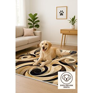Pamuk Tabanlı Kaymaz Halı – Siyah; Kahverengi; Bej – Soyut Desen, Pamuk Dokuma Taban, Makinede Yıkanabilir, Kolay Temizlenebilir, Toz Ve Tüy Tutmaz, Kaymaz, Evcil Hayvan Dostu 200x220 cm