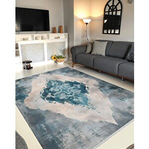 Mutfak Halısı – Mavi; Gri; Krem – Eskitilmiş Görünümlü Soyut Desen, Makinede Yıkanabilir, Kolay Temizlenebilir, Toz Ve Tüy Tutmaz, Kaymaz, Evcil Hayvan Dostu 180x200 cm
