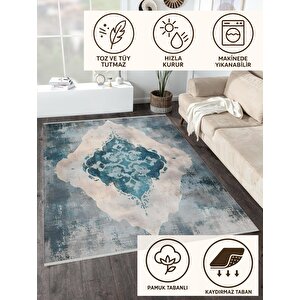Mutfak Halısı – Mavi; Gri; Krem – Eskitilmiş Görünümlü Soyut Desen, Makinede Yıkanabilir, Kolay Temizlenebilir, Toz Ve Tüy Tutmaz, Kaymaz, Evcil Hayvan Dostu
