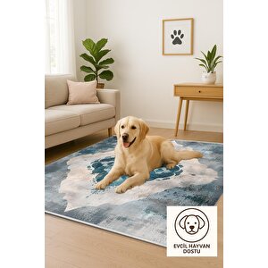 Mutfak Halısı – Mavi; Gri; Krem – Eskitilmiş Görünümlü Soyut Desen, Makinede Yıkanabilir, Kolay Temizlenebilir, Toz Ve Tüy Tutmaz, Kaymaz, Evcil Hayvan Dostu