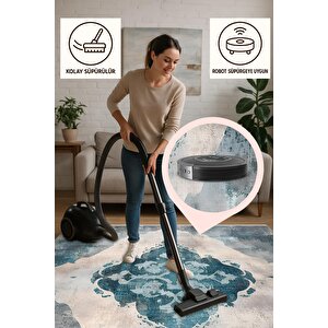 Mutfak Halısı – Mavi; Gri; Krem – Eskitilmiş Görünümlü Soyut Desen, Makinede Yıkanabilir, Kolay Temizlenebilir, Toz Ve Tüy Tutmaz, Kaymaz, Evcil Hayvan Dostu