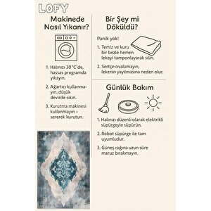 Mutfak Halısı – Mavi; Gri; Krem – Eskitilmiş Görünümlü Soyut Desen, Makinede Yıkanabilir, Kolay Temizlenebilir, Toz Ve Tüy Tutmaz, Kaymaz, Evcil Hayvan Dostu