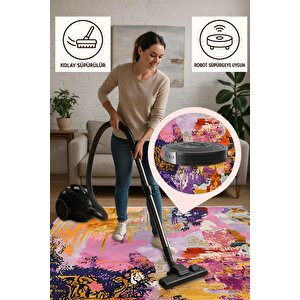 Pamuk Dokuma Taban Halı – Krem; Lacivert; Kırmızı; Turuncu – Geleneksel Desen, Makinede Yıkanabilir, Kolay Temizlenebilir, Toz Ve Tüy Tutmaz, Kaymaz, Evcil Hayvan Dostu