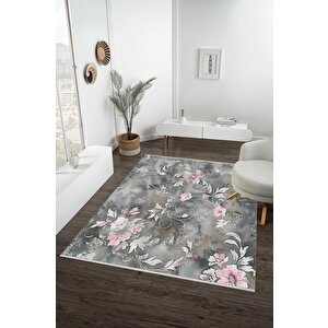 Yıkanabilir Salon Halısı – Gri; Pembe; Beyaz – Floral Desen, Makinede Yıkanabilir, Kolay Temizlenebilir, Toz Ve Tüy Tutmaz, Kaymaz, Evcil Hayvan Dostu
