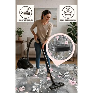 Yıkanabilir Salon Halısı – Gri; Pembe; Beyaz – Floral Desen, Makinede Yıkanabilir, Kolay Temizlenebilir, Toz Ve Tüy Tutmaz, Kaymaz, Evcil Hayvan Dostu
