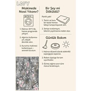 Yıkanabilir Salon Halısı – Gri; Pembe; Beyaz – Floral Desen, Makinede Yıkanabilir, Kolay Temizlenebilir, Toz Ve Tüy Tutmaz, Kaymaz, Evcil Hayvan Dostu