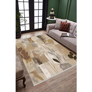 Pamuk Dokuma Taban Halı – Bej; Kahverengi; Krem; Siyah – Soyut Desen, Makinede Yıkanabilir, Kolay Temizlenebilir, Toz Ve Tüy Tutmaz, Kaymaz, Evcil Hayvan Dostu 200x220 cm