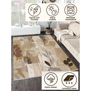 Pamuk Dokuma Taban Halı – Bej; Kahverengi; Krem; Siyah – Soyut Desen, Makinede Yıkanabilir, Kolay Temizlenebilir, Toz Ve Tüy Tutmaz, Kaymaz, Evcil Hayvan Dostu 160x180 cm