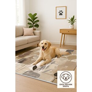 Pamuk Dokuma Taban Halı – Bej; Kahverengi; Krem; Siyah – Soyut Desen, Makinede Yıkanabilir, Kolay Temizlenebilir, Toz Ve Tüy Tutmaz, Kaymaz, Evcil Hayvan Dostu