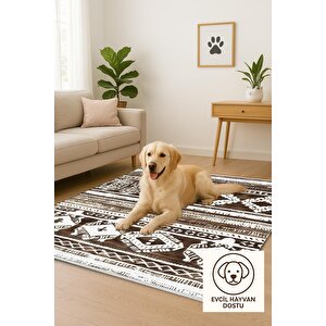 Pamuk Dokuma Taban Halı – Kahverengi; Krem – Etnik Desen, Makinede Yıkanabilir, Kolay Temizlenebilir, Toz Ve Tüy Tutmaz, Kaymaz, Evcil Hayvan Dostu