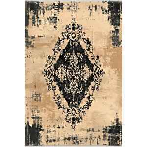 Pamuk Dokuma Taban Halı – Bej; Siyah – Eskitilmiş Görünümlü Oriental Desen, Makinede Yıkanabilir, Kolay Temizlenebilir, Toz Ve Tüy Tutmaz, Kaymaz, Evcil Hayvan Dostu 150x150 cm
