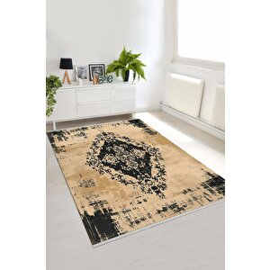 Pamuk Dokuma Taban Halı – Bej; Siyah – Eskitilmiş Görünümlü Oriental Desen, Makinede Yıkanabilir, Kolay Temizlenebilir, Toz Ve Tüy Tutmaz, Kaymaz, Evcil Hayvan Dostu 150x150 cm
