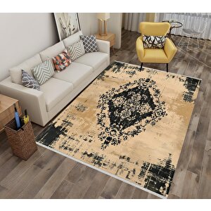Pamuk Dokuma Taban Halı – Bej; Siyah – Eskitilmiş Görünümlü Oriental Desen, Makinede Yıkanabilir, Kolay Temizlenebilir, Toz Ve Tüy Tutmaz, Kaymaz, Evcil Hayvan Dostu 150x150 cm