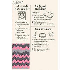 Pamuk Dokuma Taban Halı – Pembe; Gri; Siyah – Zigzag Desen, Makinede Yıkanabilir, Kolay Temizlenebilir, Toz Ve Tüy Tutmaz, Kaymaz, Evcil Hayvan Dostu