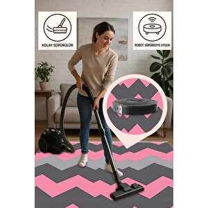 Pamuk Dokuma Taban Halı – Pembe; Gri; Siyah – Zigzag Desen, Makinede Yıkanabilir, Kolay Temizlenebilir, Toz Ve Tüy Tutmaz, Kaymaz, Evcil Hayvan Dostu