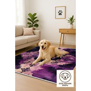 Pamuk Dokuma Taban Halı – Purple; Black; Beige – Eskitilmiş Görünümlü Abstract Desen, Makinede Yıkanabilir, Kolay Temizlenebilir, Toz Ve Tüy Tutmaz, Kaymaz, Evcil Hayvan Dostu
